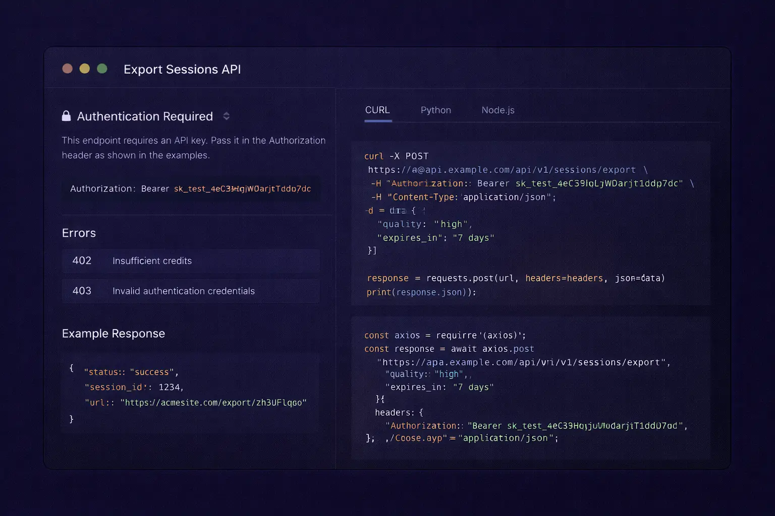 [img: pozioma ilustracja pokazująca dokumentację endpointu API z fragmentami kodu, przepływem uwierzytelniania i przykładami odpowiedzi, styl dokumentacji deweloperskiej]