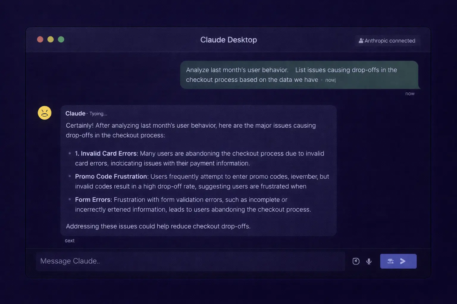 [img: pozioma ilustracja pokazująca interfejs chatu Claude Desktop z zapytaniem analitycznym i odpowiedzią, widoczny wskaźnik połączenia MCP, kontekst konwersacji z asystentem AI]