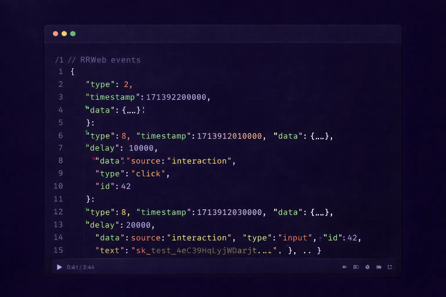 [img: pozioma ilustracja pokazująca fragment kodu JSON ze strukturą zdarzeń RRWeb, widoczne typy eventów i timestamps, styl dokumentacji technicznej]