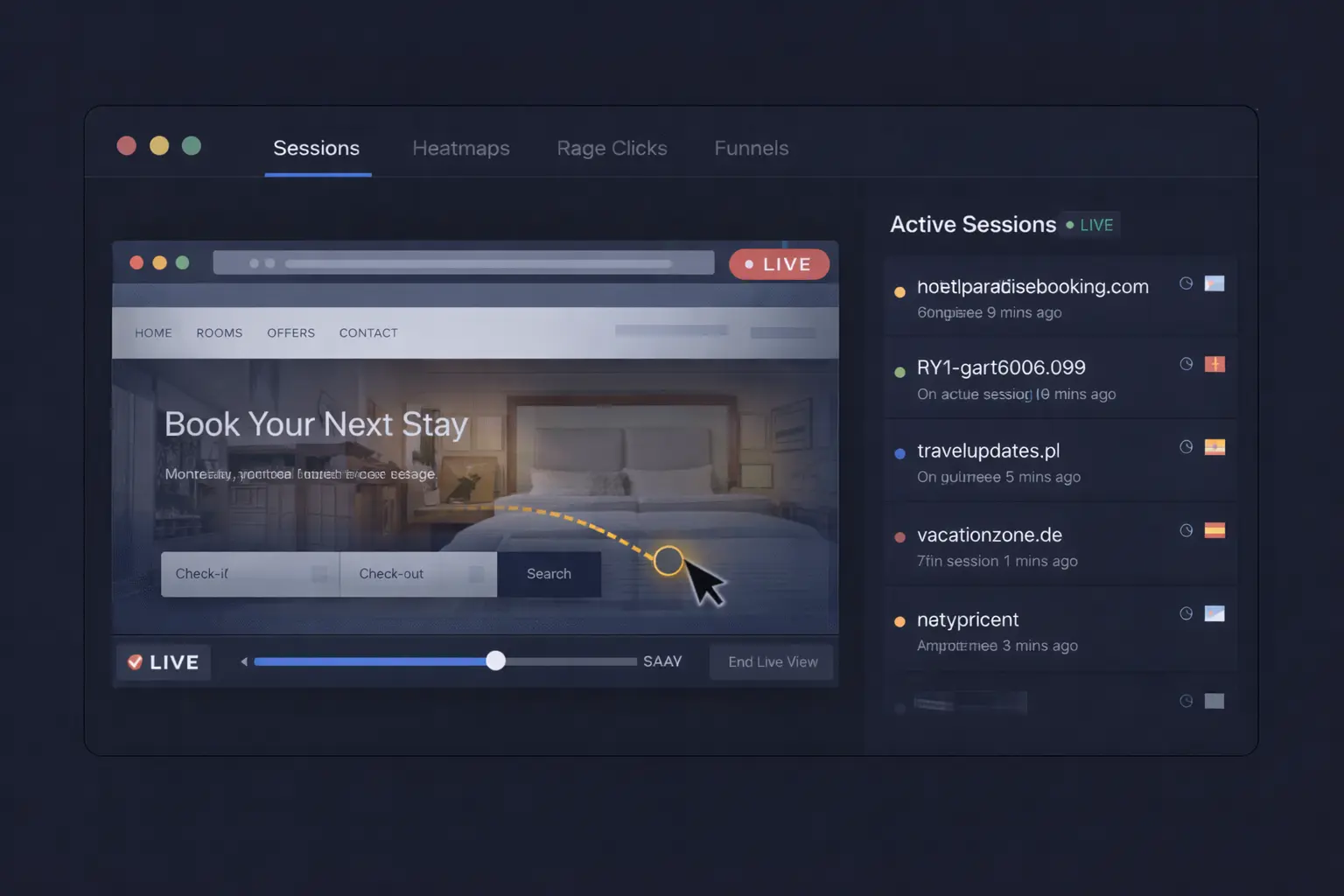 [img: pozioma ilustracja pokazująca podzielony ekran z listą aktywnych sesji po lewej i playerem sesji na żywo po prawej, widoczny ruch kursora w czasie rzeczywistym, styl dashboardu monitoringu SaaS]