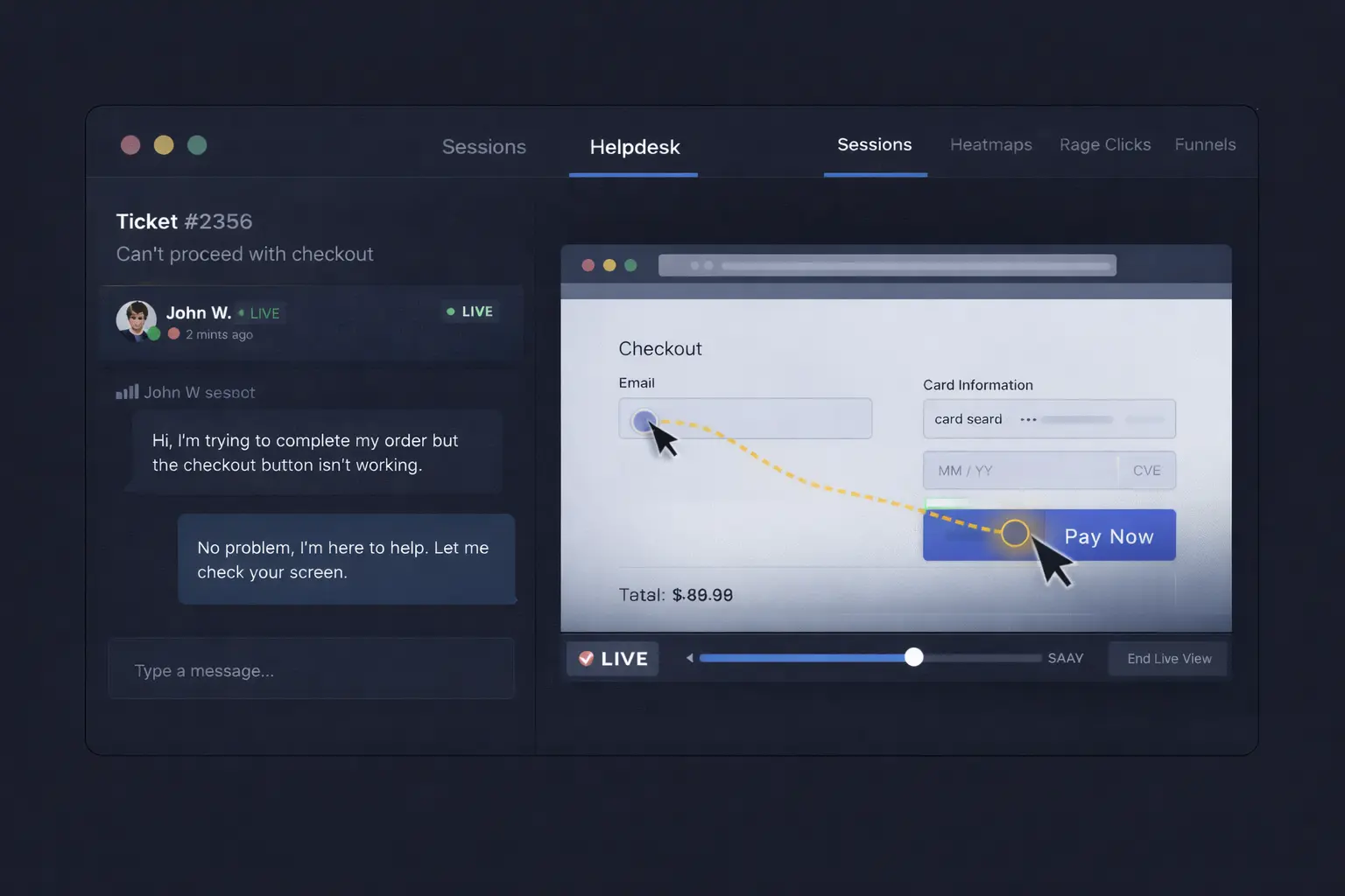 [img: pozioma ilustracja pokazująca dashboard agenta wsparcia z widoczną sesją klienta obok interfejsu zgłoszenia/chatu, scenariusz współpracy w monitoringu UX]