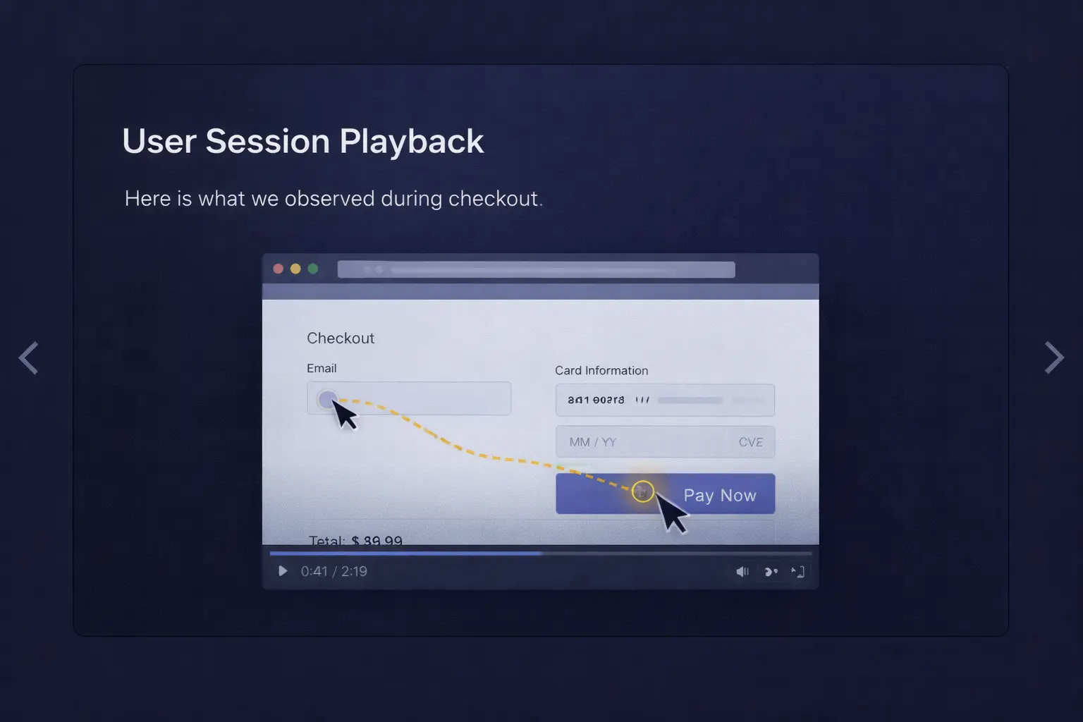 [img: pozioma ilustracja pokazująca slajd prezentacji z osadzonym wideo sesji, kursor widoczny na przepływie checkout e-commerce, kontekst prezentacji dla klienta]