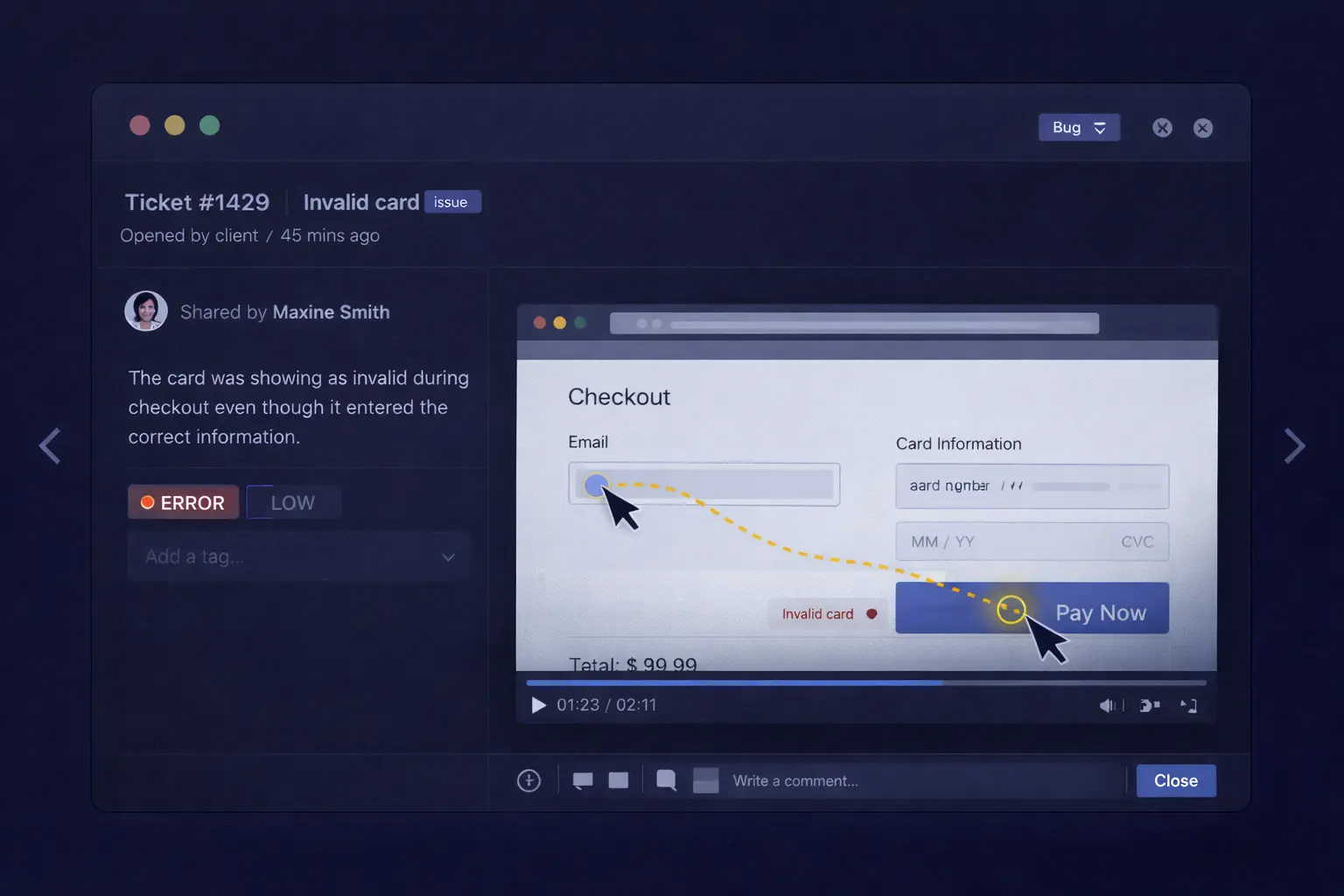 [img: pozioma ilustracja pokazująca interfejs zgłoszenia błędu z osadzonym playerem sesji z linku udostępniania, kontekst współpracy przy debugowaniu]